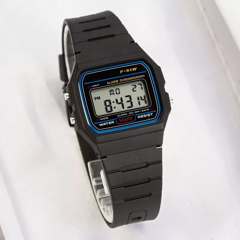 Relógio Digital Casio F91W Preto com Linha Azul Com Luz Led Alarme Cronometrô