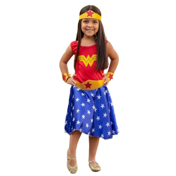 Fantasia Infantil Mulher Maravilha Vestido Tiara Braceletes