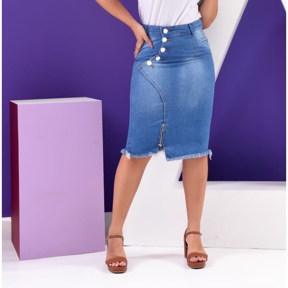 Saia jeans midi | Shopee Brasil