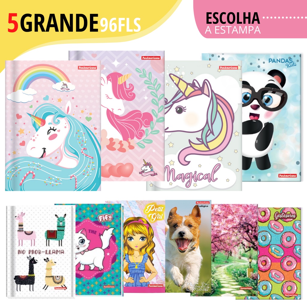 Kit Caderno Brochura Grande Feminino 96 Folhas Escolar Capa Dura ...