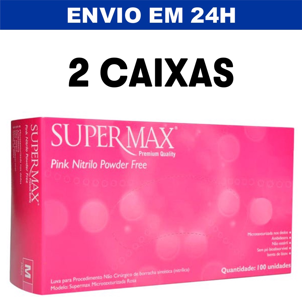 KIT 2 CAIXAS de Luva Procedimento Nitrilica Rosa Pink Supermax sem ...