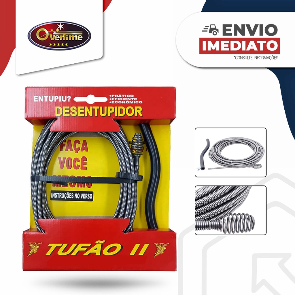 Desentupidor Com Mola Tufão 5 metros e 10 metros Para Pias | Ralos | Tanques | Saída de Lavadoras | Overtime