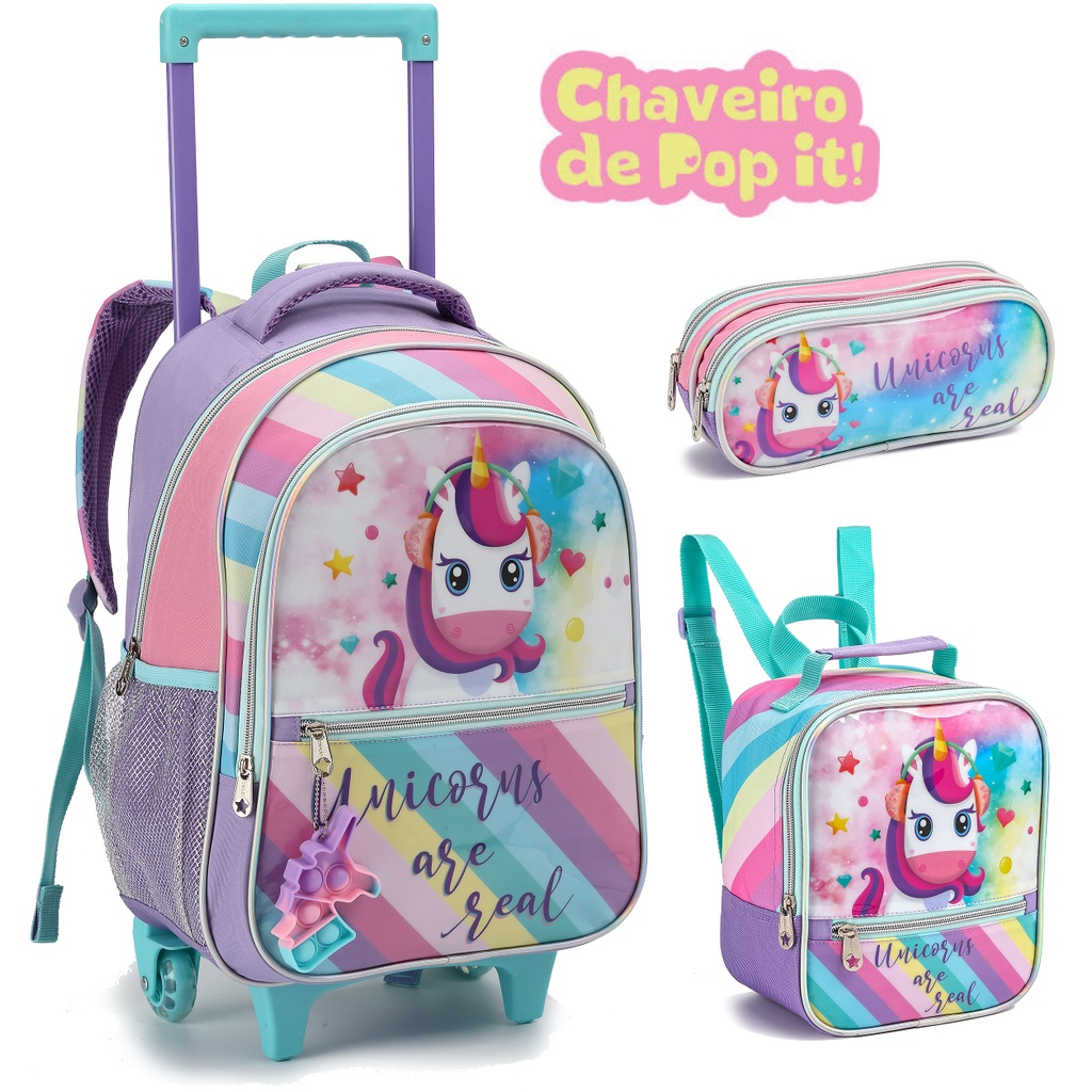 Kit 3 peças Mochila Escolar Infantil Feminina Carrinho com Rodinhas e Lancheira Térmica Unicórnio Khloe DL0977