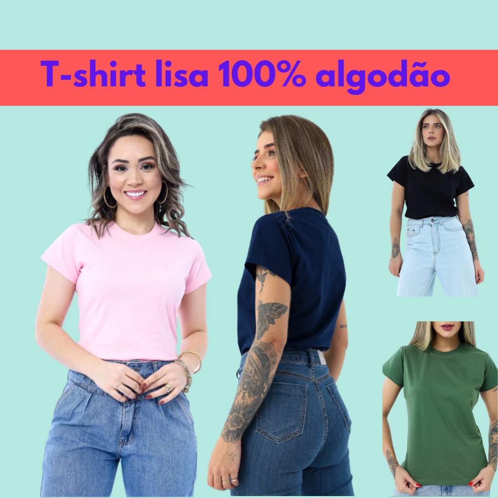 Camiseta Feminina T-Shirt Preta Lisa Algodão Básica - Partiu