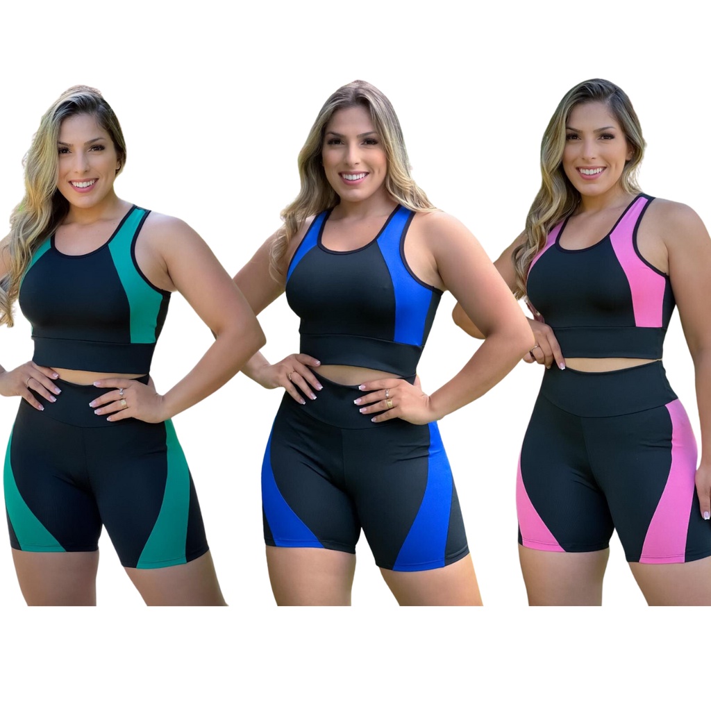 Kit 3 Conjuntos Fitness Feminino Calça Legging e Top Nadador