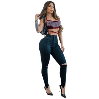 calca jeans preta com rasgo no joelho em Promoção na Shopee Brasil