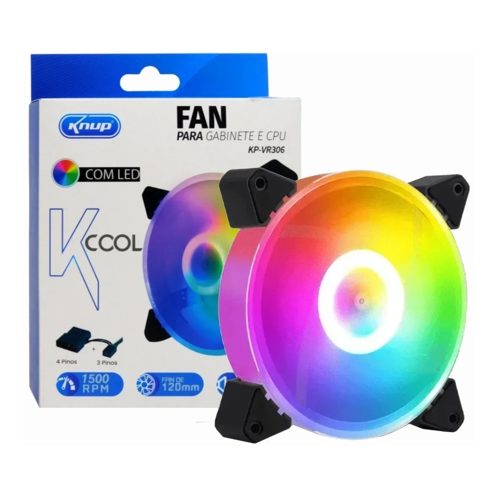 COOLER FAN PARA GABINETE E CPU 120MM X 25MM COM LED RGB KNUP KP VR306