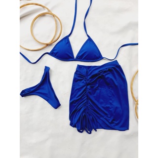 Kit 3 Peças Saída De Praia Saia Franzida Puxador Lateral Calcinha biquini Asa delta E top fixo com bojo Azul Royal