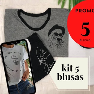 5 peças KIT DE 5 unidades de Blusas de malha Algodão Atacado T Shirt Feminina Basica