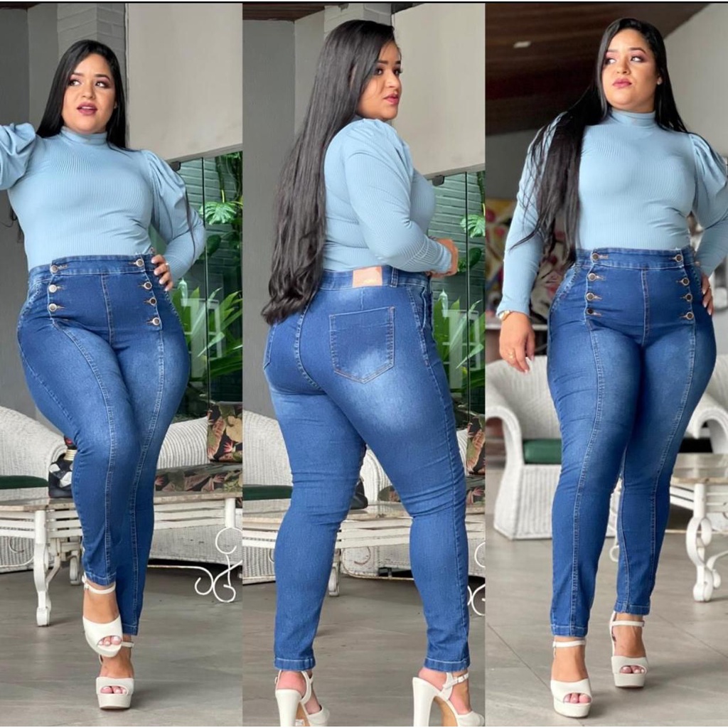 Calça Jeans Plus Size Feminina Com Lycra Cintura Alta