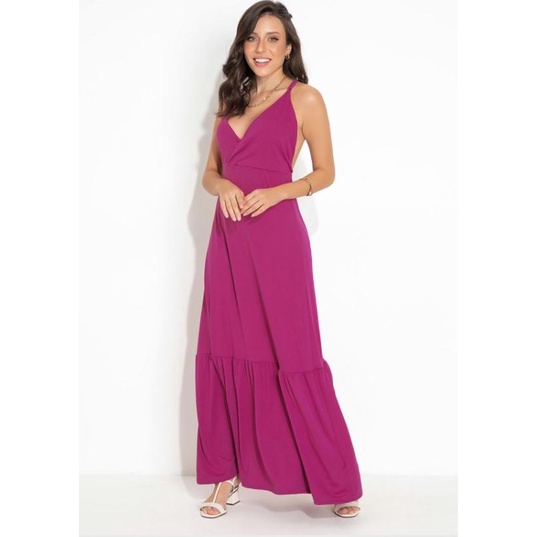 Vestido Feminino Longo Fúcsia Alças Com Amarração e Babado