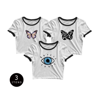 Kit 3 Cropped Manga Curta Feminino As Braba Branco Com Preto