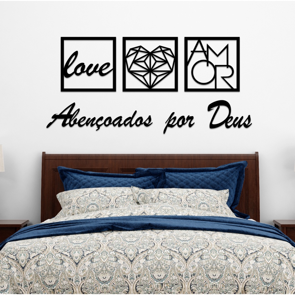 KIT 3 Quadros Abençoados por Deus, Love e Coração Geométrico Amor + Frase de Parede Religioso MDF Preto C/Dupla Face