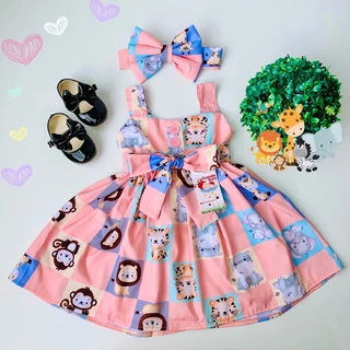 Vestido Infantil Safari Rosa Lili + Laço