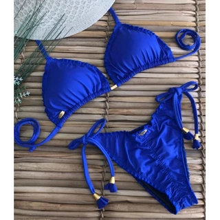 Biquíni adulto cortininha azul com bojo e calcinha de amarrar levanta bumbum