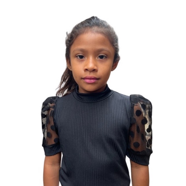 Blusa Canelada Infantil Manga Bufante Tule Moda Blogueirinha