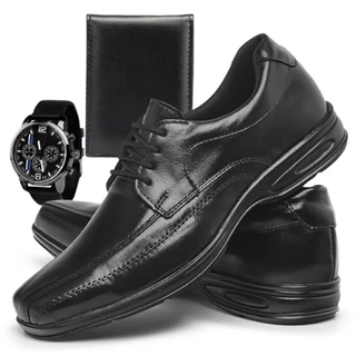 Combo Sapato Social Masculino Ortopédico Moderno Costurado Antistress De Couro Confort + Relógio e Carteira