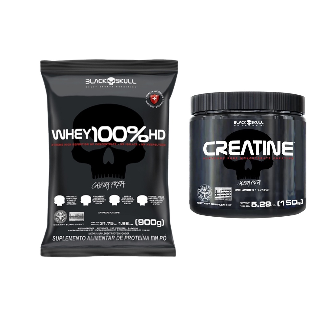 Kit 1 Whey Protein 100%HD Refil 900g + 1 Creatina Monohidratada Pura 150g Sem Malto