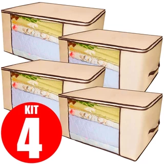 Kit 4 Caixas Organizadoras de Roupas Calçados Cobertas TNT Com Tampa Ecológico Anti-Poeira Umidade Insetos Multiuso Guarda-Roupa Casa Banheiro 60x45cm