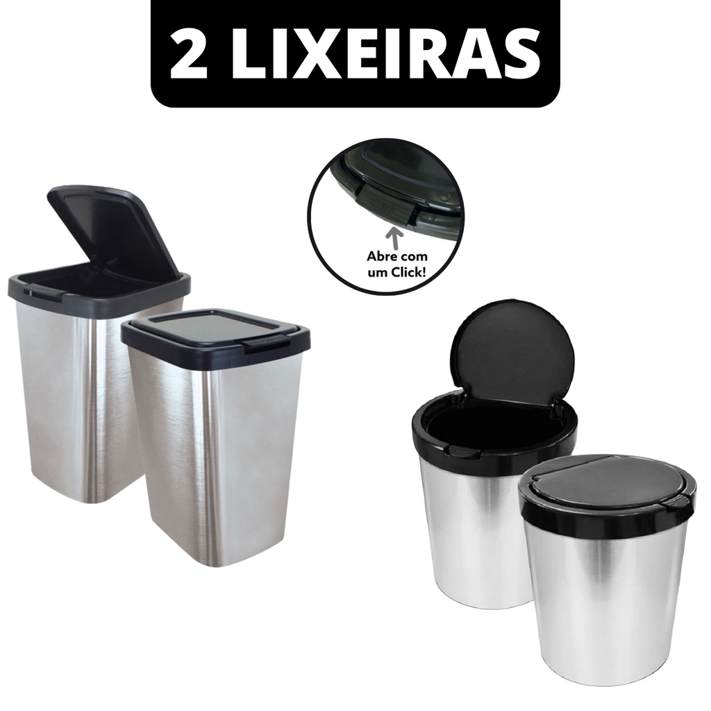 Kit 2 Lixeiras Cesto 09 e 10 Litros Inox Metalizado Com Tampa Click Label Lixeira Redonda Banheiro Cozinha Escritório Quarto Lixeira Quadrada Resistente