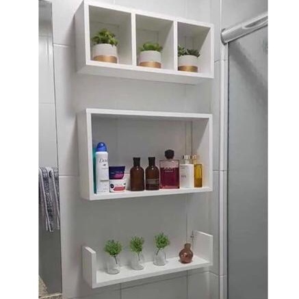 Kit Nicho Prateleira 3 Peças Decorativo Organizador Banheiro Quarto Sala Mdf Cru e Branco 100% MDF