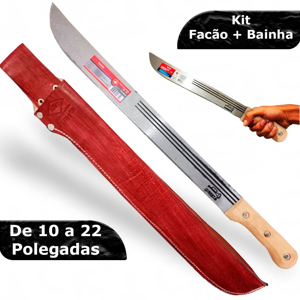 Kit Facão P/ Mato Em Aço Inox Carbono Cabo Madeira Com Bainha Em Couro Corneta Profissional