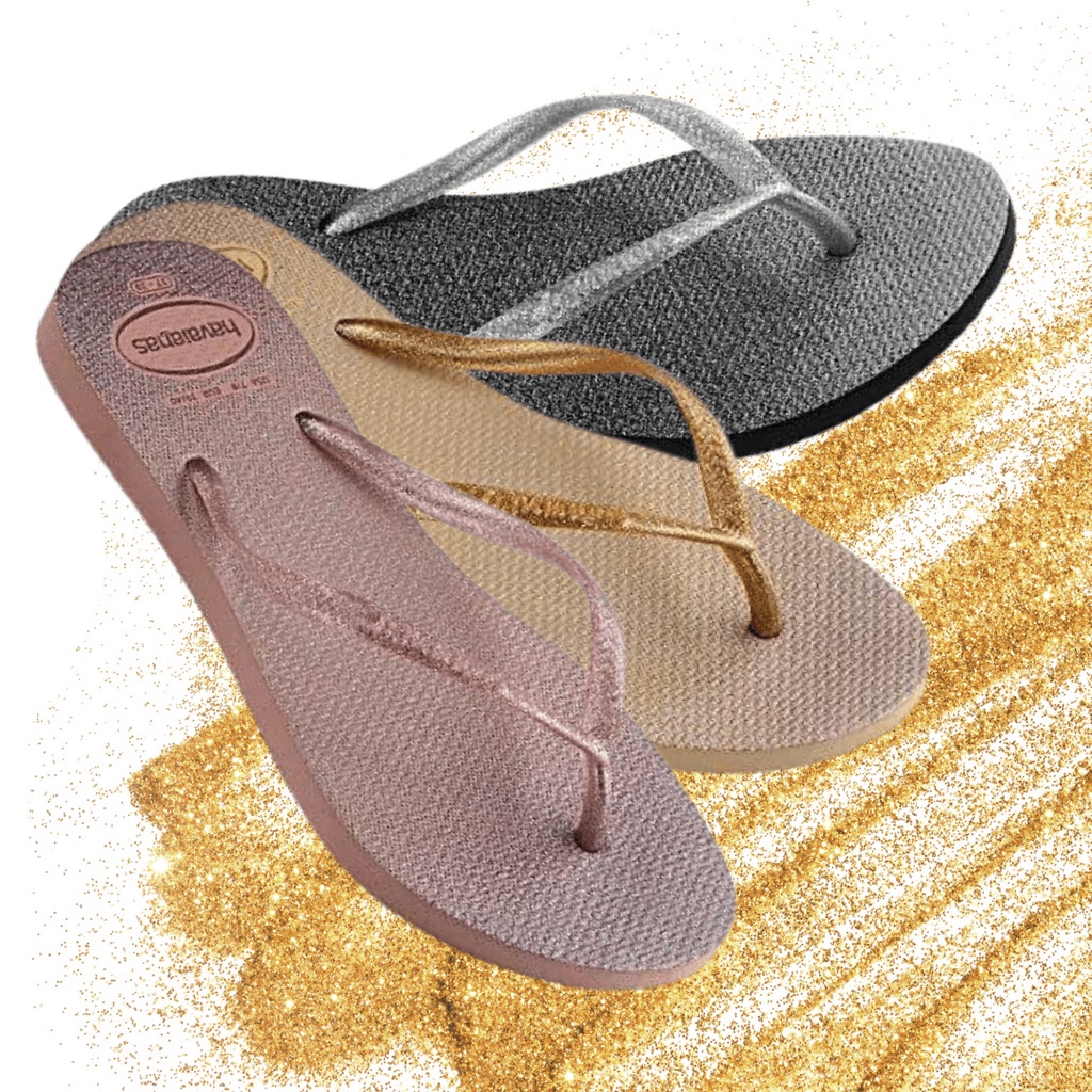 Chinelo Havaianas Slim Gloss Sandália Feminina Original Dourado / Rosa  Crocus / Preto