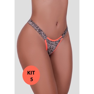 Kit 5 Calcinhas Animal Print Fio Duplo Com Elástico Neon