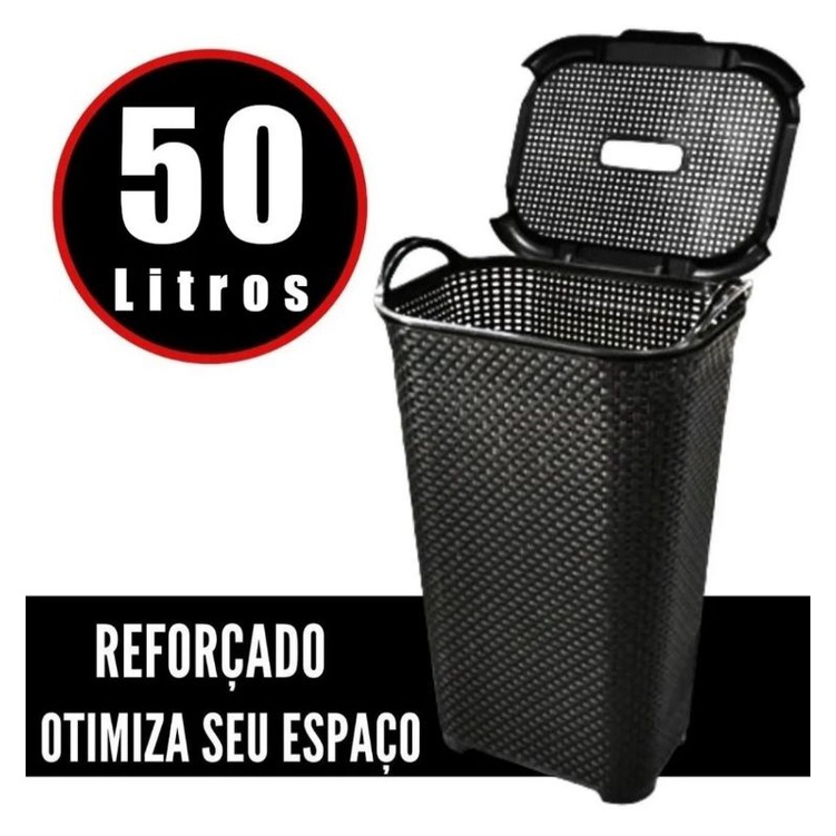 Cesto de Roupa 50L Organizador com Tampa Basculada para Lavanderia Banheiro  Rattan Preto