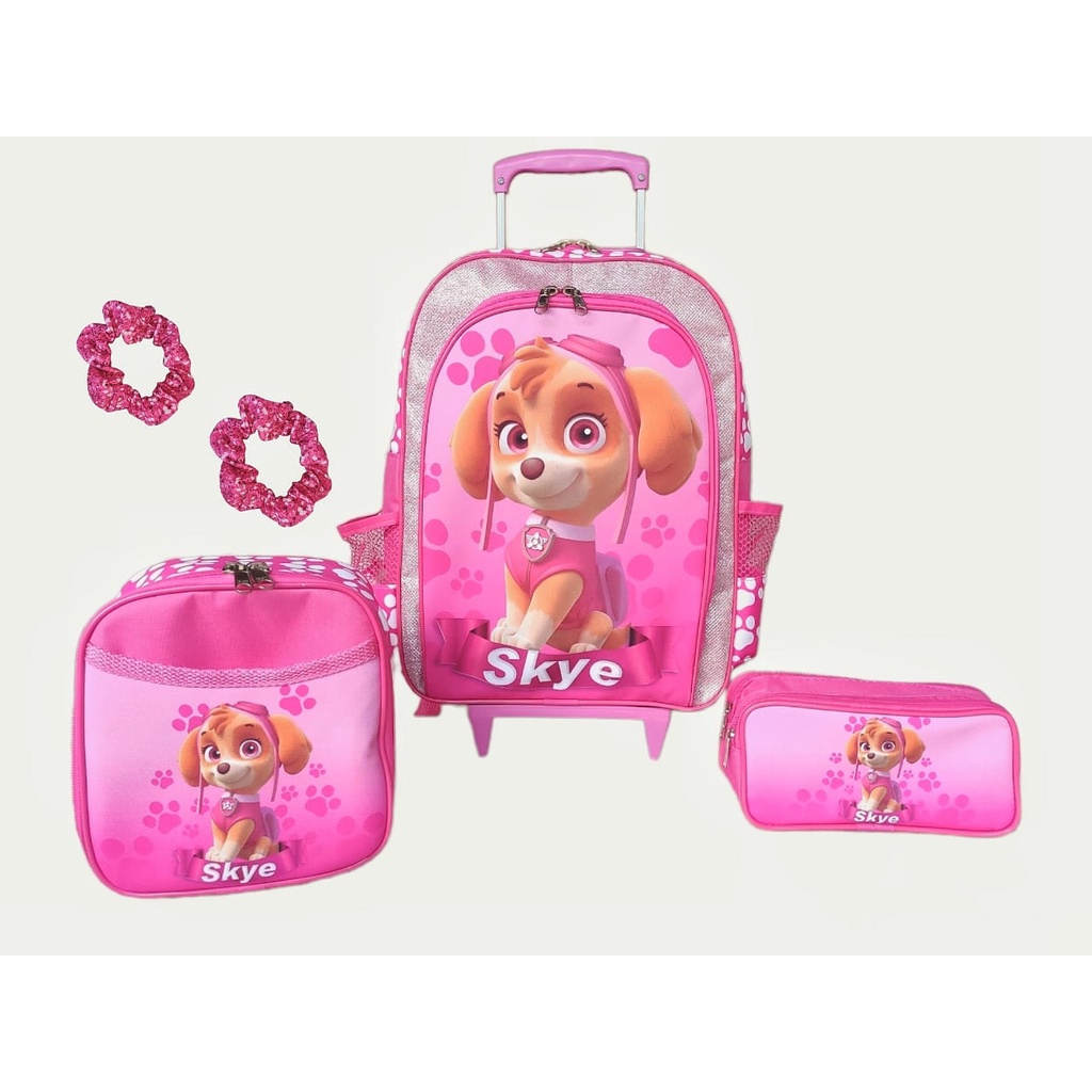 Kit mochila de rodinhas infantil escolar meninas feminino Patrulha canina Skye lancheira térmica estojo de duas divisões brilho meninas