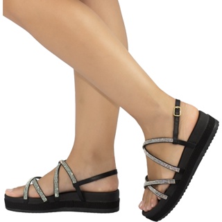Sandália Feminina Papete Strass Brilho Cristal Confortável Tiras Flatform Moda Salto Rasteira