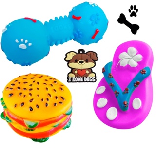 Kit Dogao Pet Mordedores Sonoro Com Apito Hambúrguer Halteres Chaveiro e Chinelo