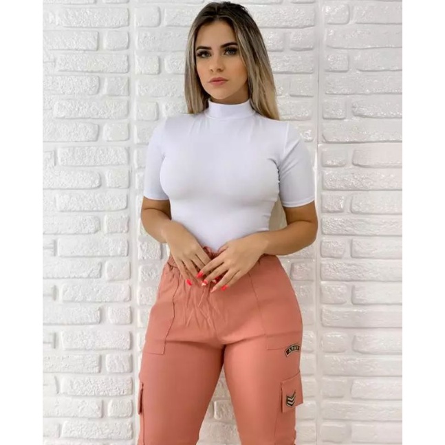 body blusa feminina social regata gola alta manga curta