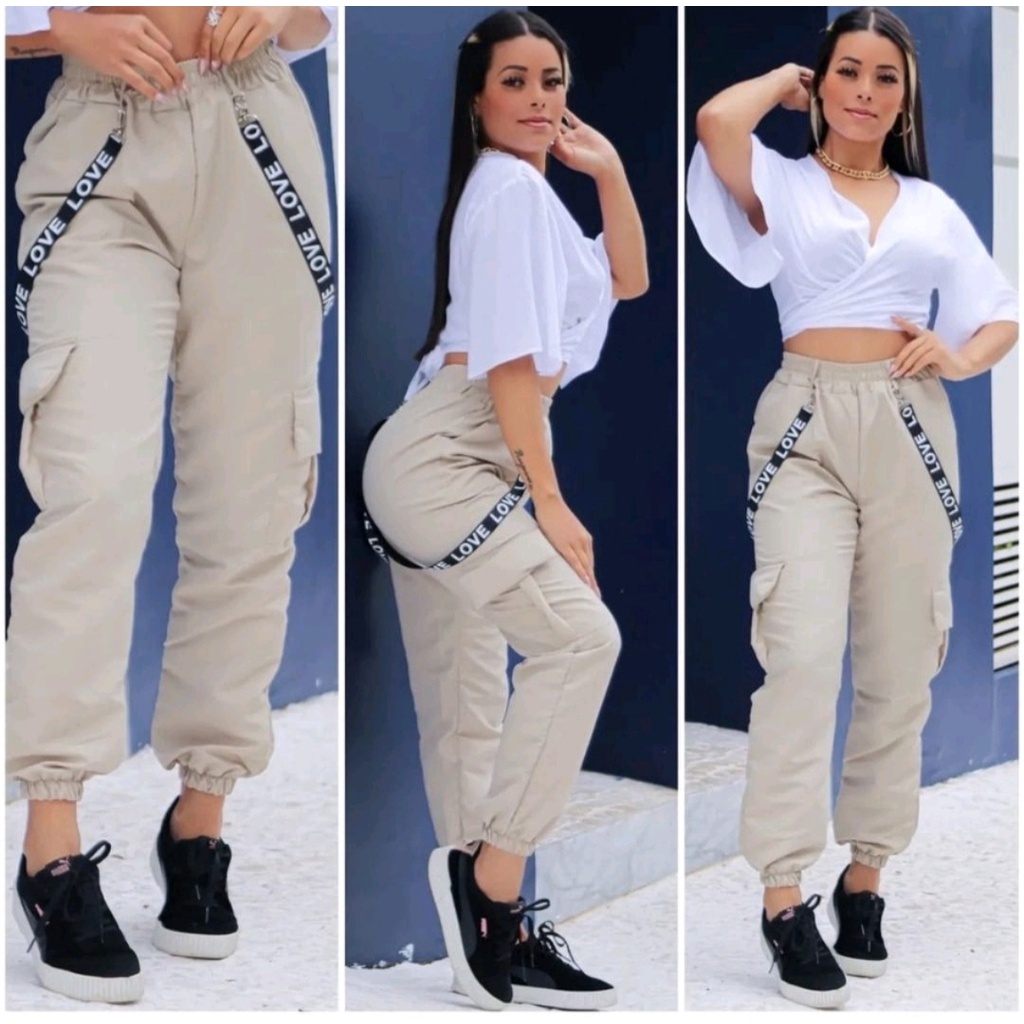 Calça Plus Size Feminina Jogger Bolso Cargo Bege