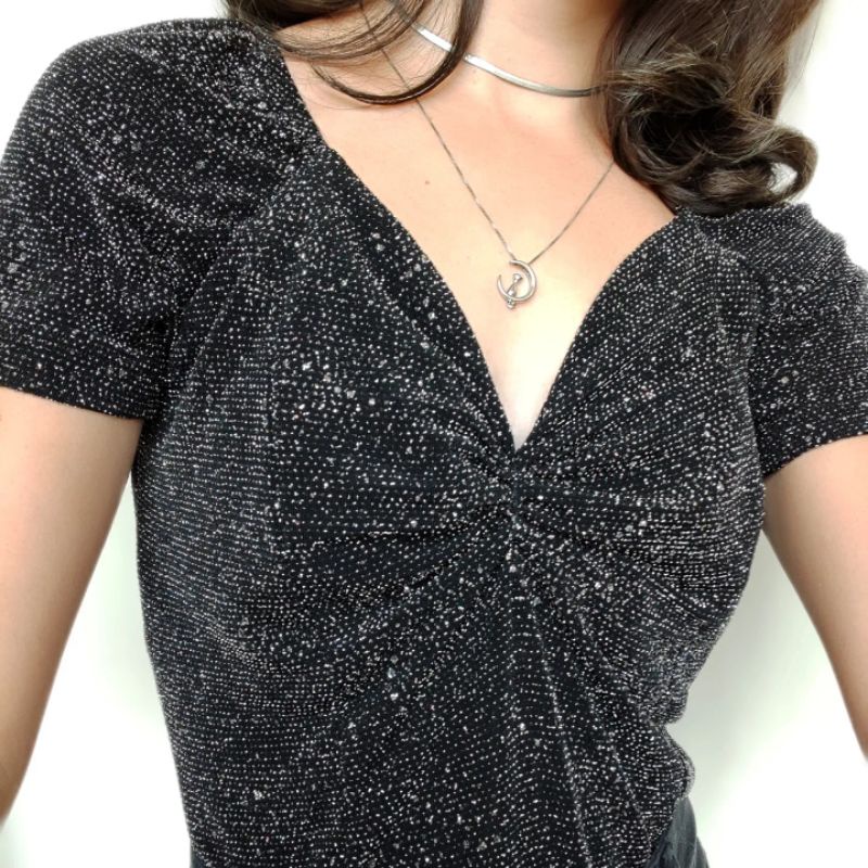 Blusa preta com brilho P/M | Shopee Brasil