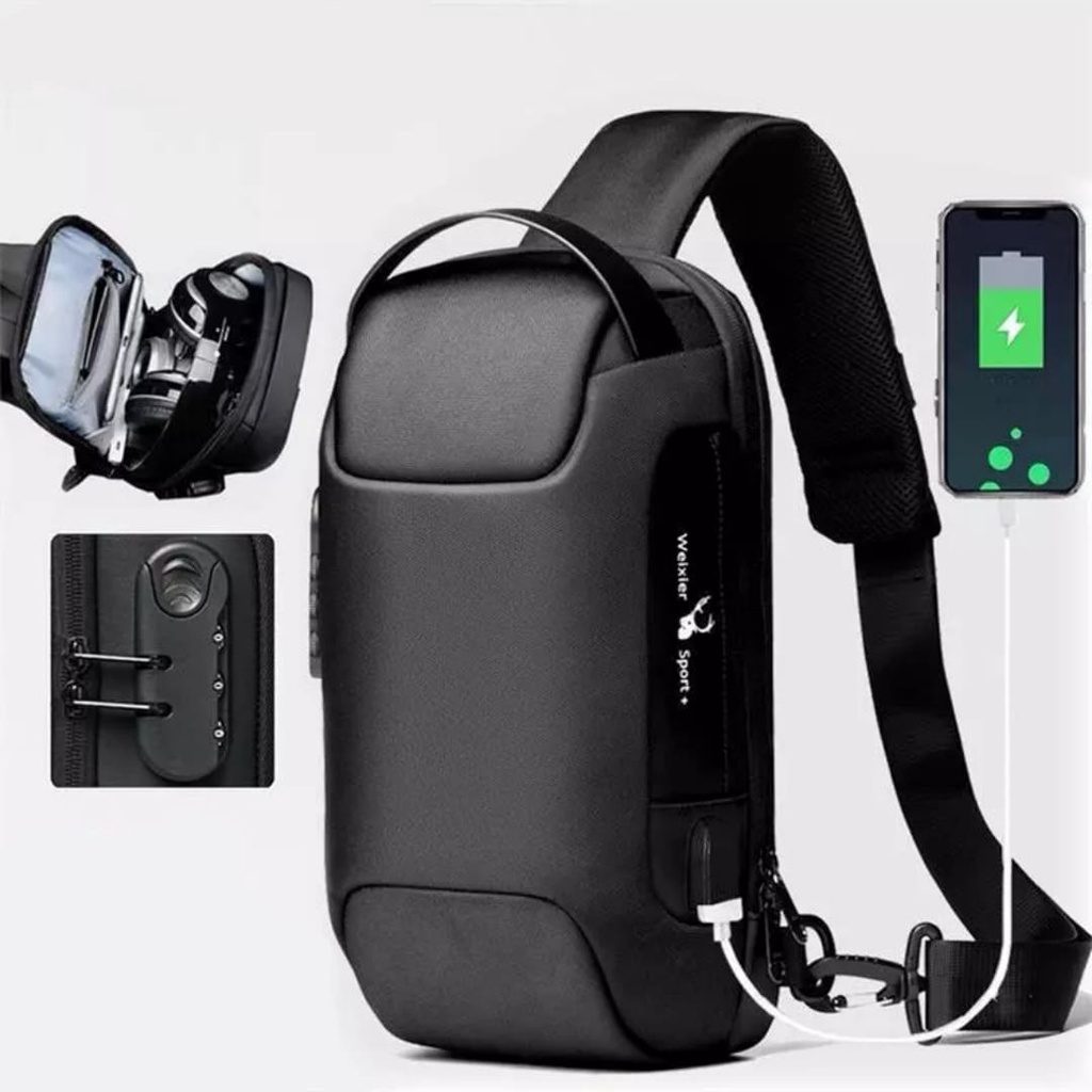 Mochila Bolsa Transversal Peito e Ombro Masculina Impermeável Anti Furto Com Senha Entrada USB