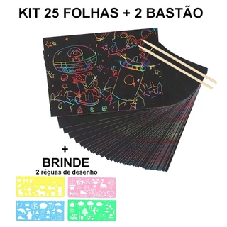 Kit Papel Mágico Folhas Preta P/ Desenho Multicolorido + Réguas + Bastão