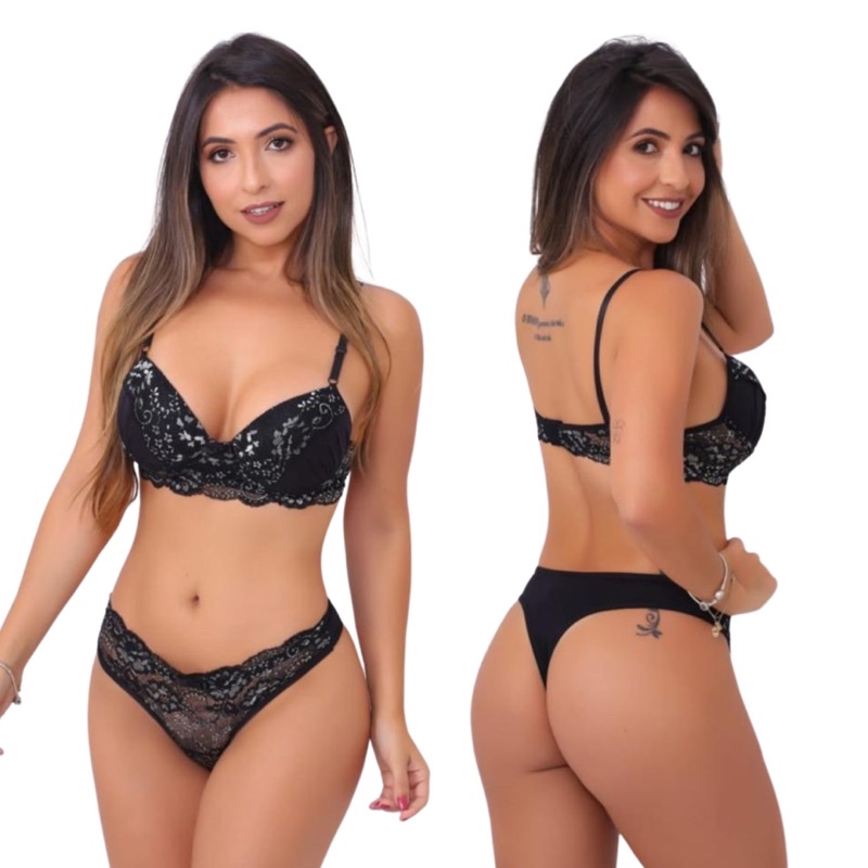 Comprar Conjunto de Lingerie Sexy com Bojo e Calcinha String Renda Bicolor  Preto com Desejo - GRISFIT, Moda Praia