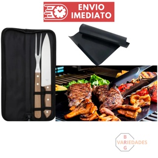 Kit de Churrasco 3 Peças Faca Garfo com Estojo Manta Grill de Teflon para Churrasqueira