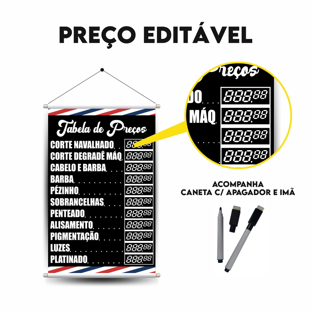 Banner Barbearia em Lona Tabela de Valores Editável Corte Barba Cabelo