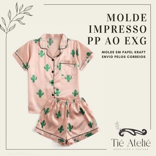 MOLDE EM PAPEL KRAFT PIJAMA AMERICANO FEMININO CURTO PARA COSTURA MODELAGEM EM PAPEL KRAFT