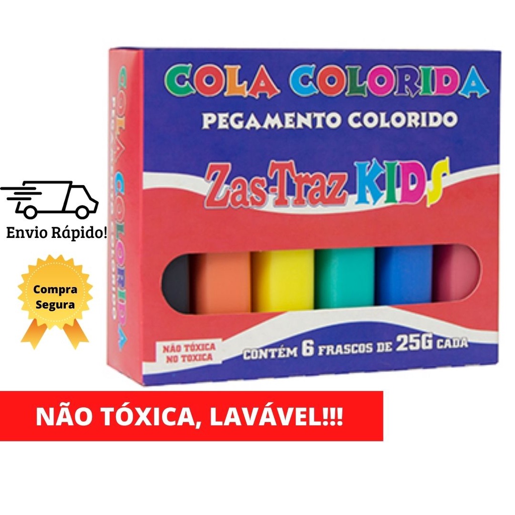 Cola Colorida 6 Cores 25g cada - Escolar / Diversão / Criatividade - Não Tóxica
