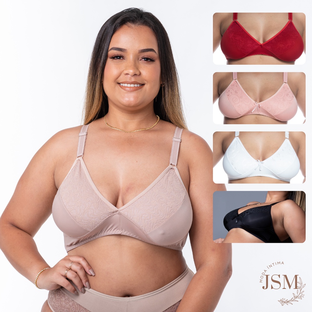 Kit Com 4 Sutiãs PLUS SIZE Reforçado Sem Bojo Forrado em Renda de Microfibra Conforto Sustentação Lingerie Moda Íntima JSM