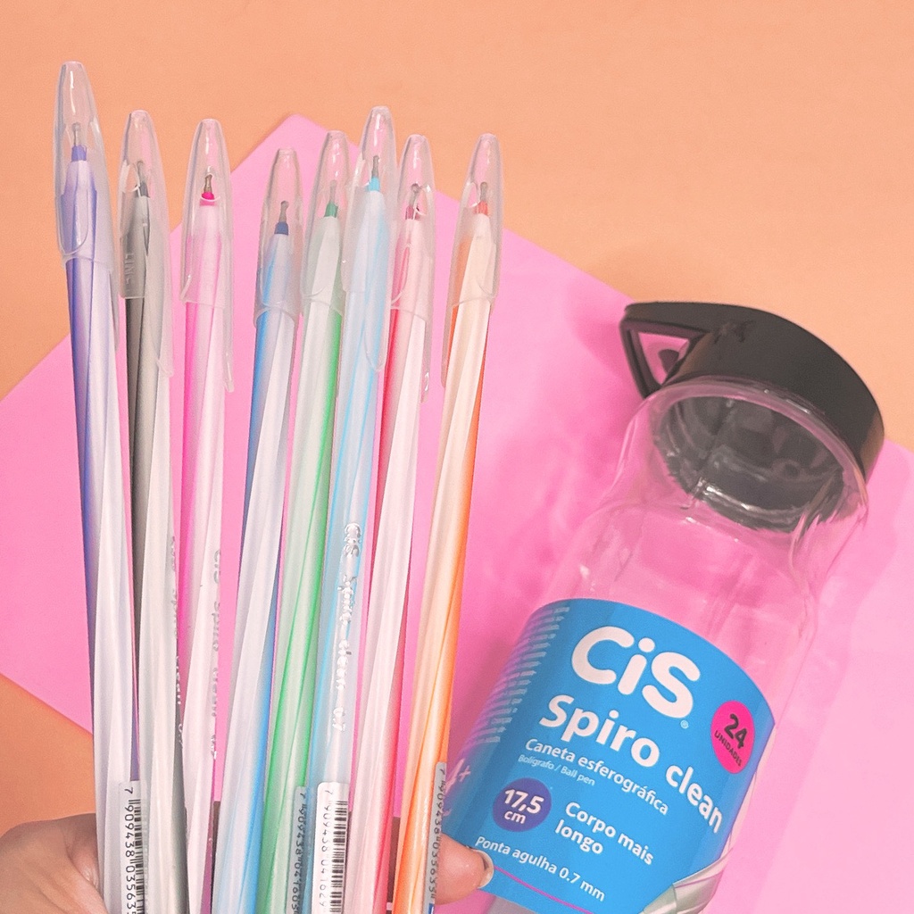 Kit 8 Canetas Cis Spiro Clean Ponta 0.7 mm e Garrafinha Porta Caneta ...