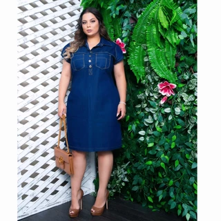 Vestido Jeans Plus Size Feminino Evangélico Senhora Chemise Moda Maior Soltinho Sem Lycra
