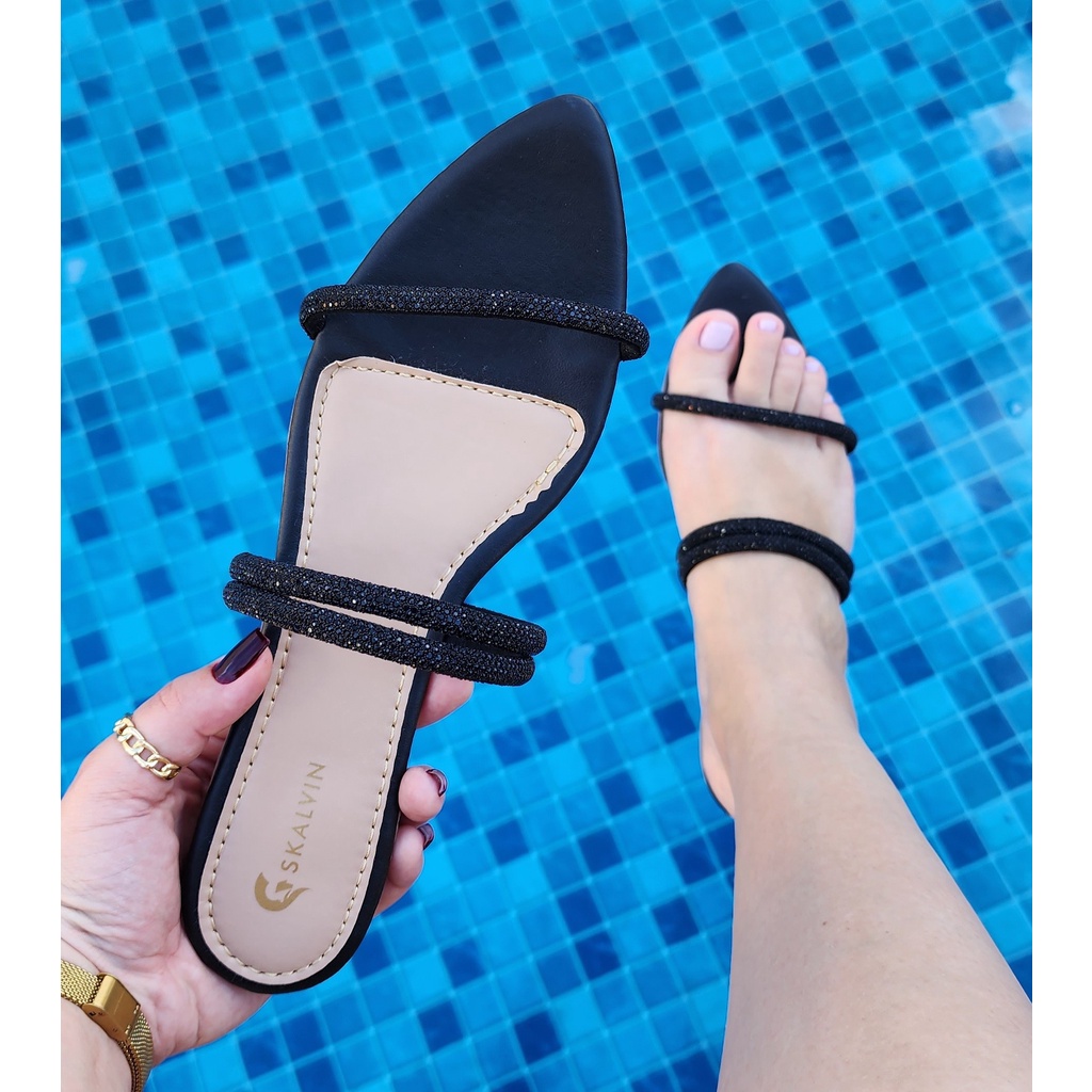 Rasteirinha Feminina Bico Fino Folha Social Luxo Brilho Strass | Shopee ...