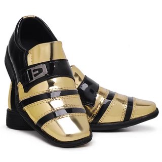 Sapato Social Infantil Masculino 443 Italiano Dourado com Preto Verniz Confortável