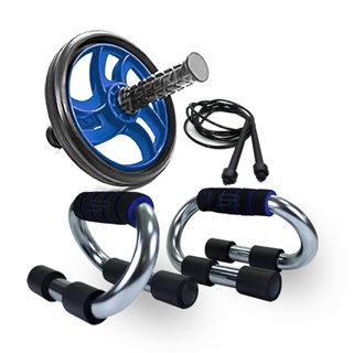 Kit Suporte Apoio Flexão De Metal + Corda De Pular + Roda Abdominal