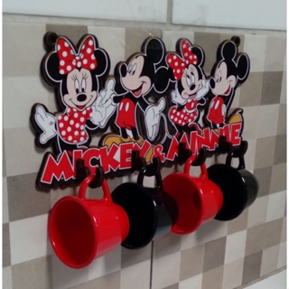 SUPORTE XÍCARAS MDF CANTINHO DO CAFÉ MICKEY E MINNIE +4 XÍCARAS COLORIDAS MA.
