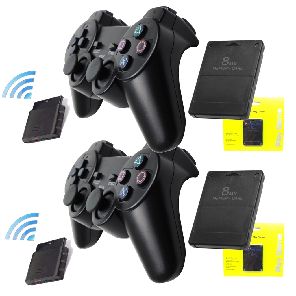 Kit Ps2 2 Controles Sem Fio Joysticks + 2 Memory Cards 8Mb Play 2 ...